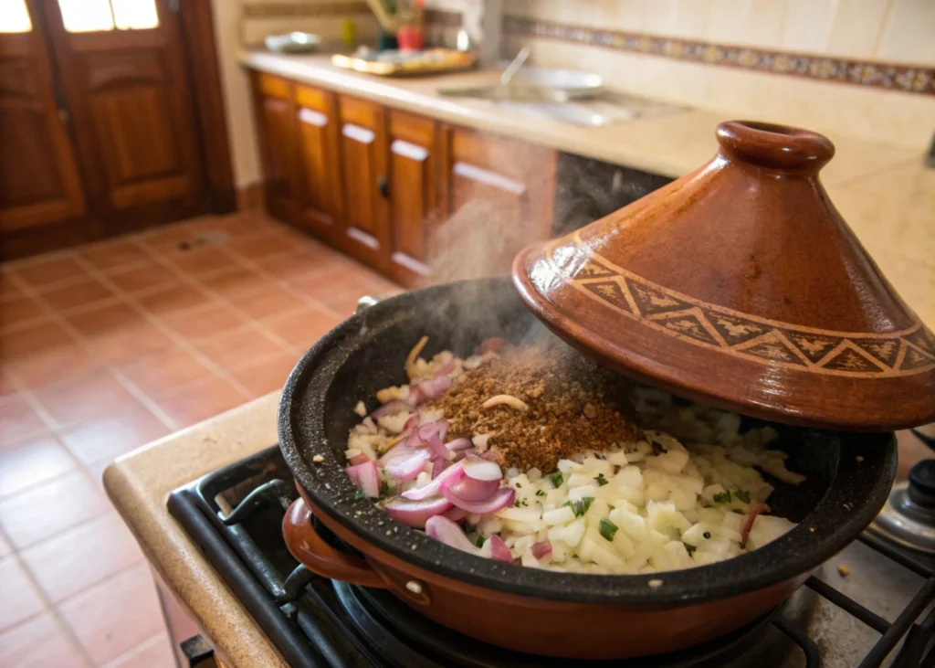 Quick Vegetarian Tagine with Chickpeas and Carrots Recipe – Ready in 30 Minutes 4 Sautéing onions, garlic, and spices for vegetarian tagine.