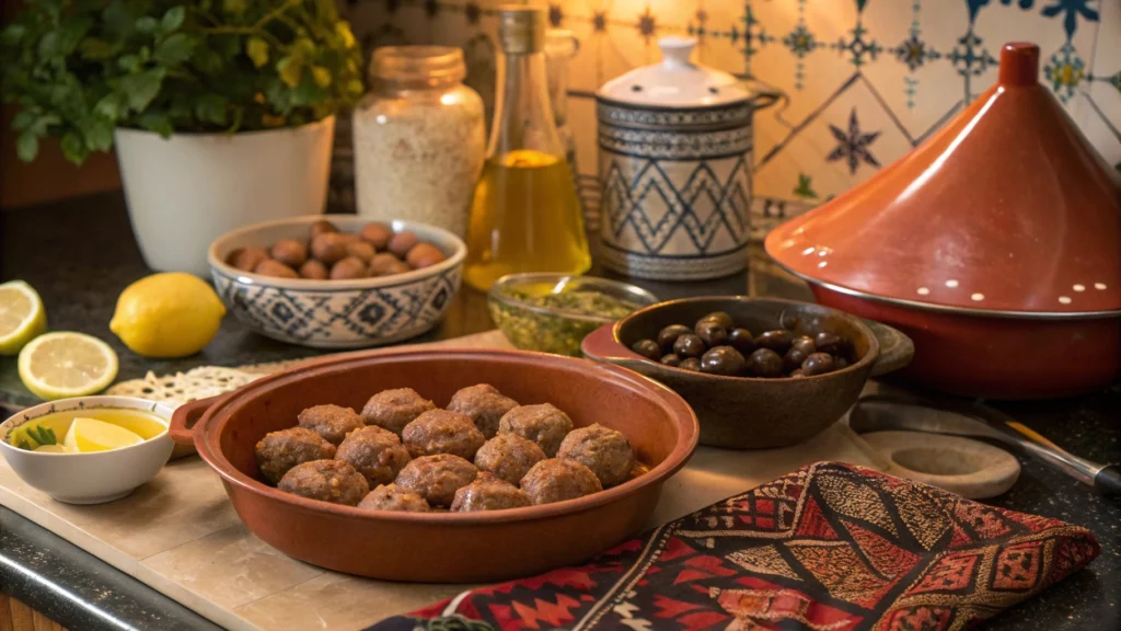Lemon and Olive Meatball Tagine Recipe: 7 Ingredients You Need for Authentic Taste 5 Preparing and browning meatballs in a Moroccan tagine pot for Lemon and Olive Meatball Tagine.