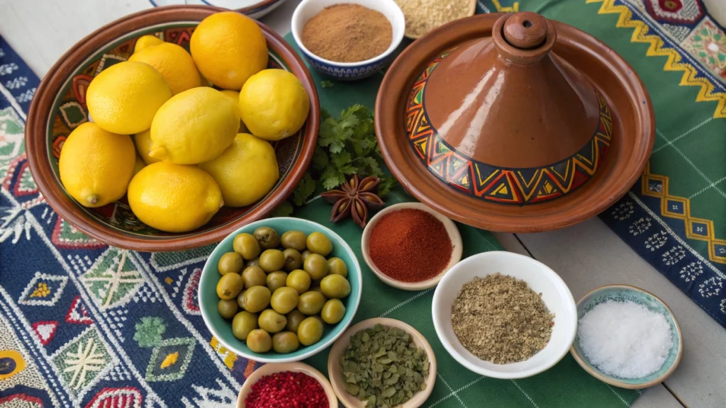 Lemon and Olive Meatball Tagine Recipe: 7 Ingredients You Need for Authentic Taste 3 Essential ingredients for Lemon and Olive Meatball Tagine, including meatballs, lemons, olives, and spices.