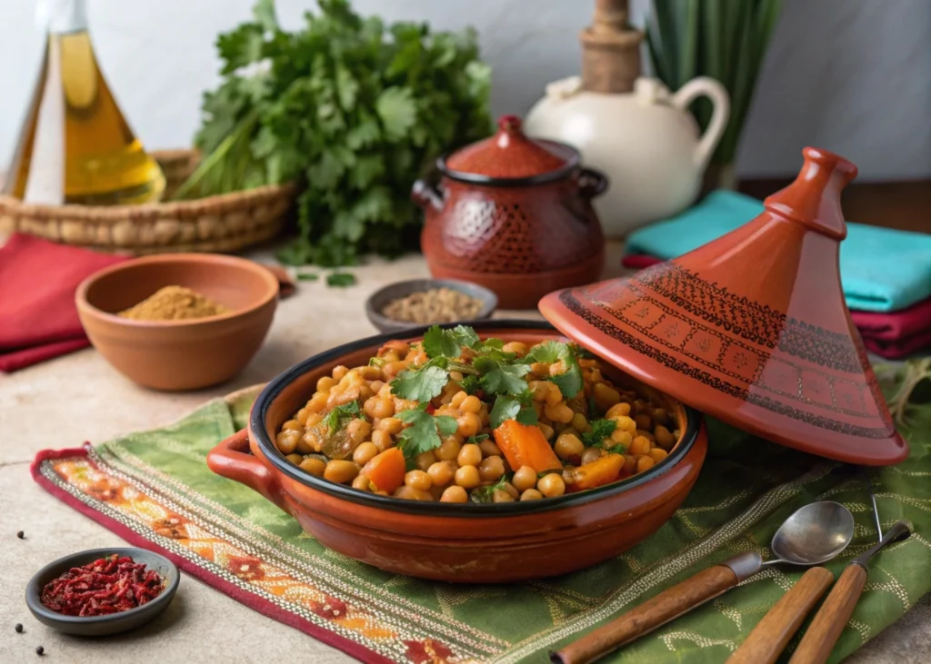 Quick Vegetarian Tagine with Chickpeas and Carrots Recipe – Ready in 30 Minutes 2 A vibrant vegetarian tagine with chickpeas and carrots, served in a traditional Moroccan tagine pot.