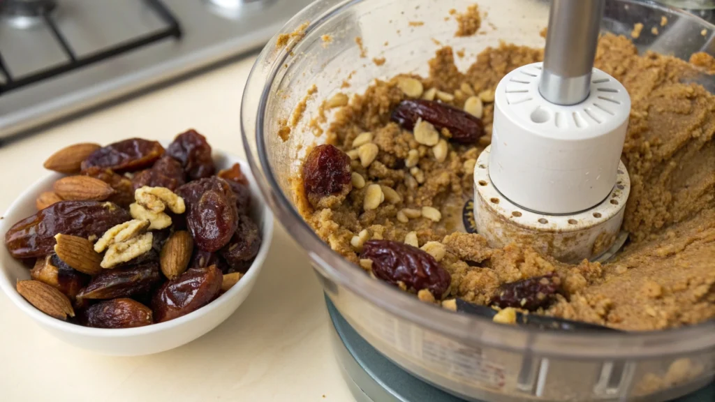 Moroccan Date and Nut Bars Recipe: Sweet & Nutty Bliss 3 an image of the food processor blending the date a www.moroccaneats.com