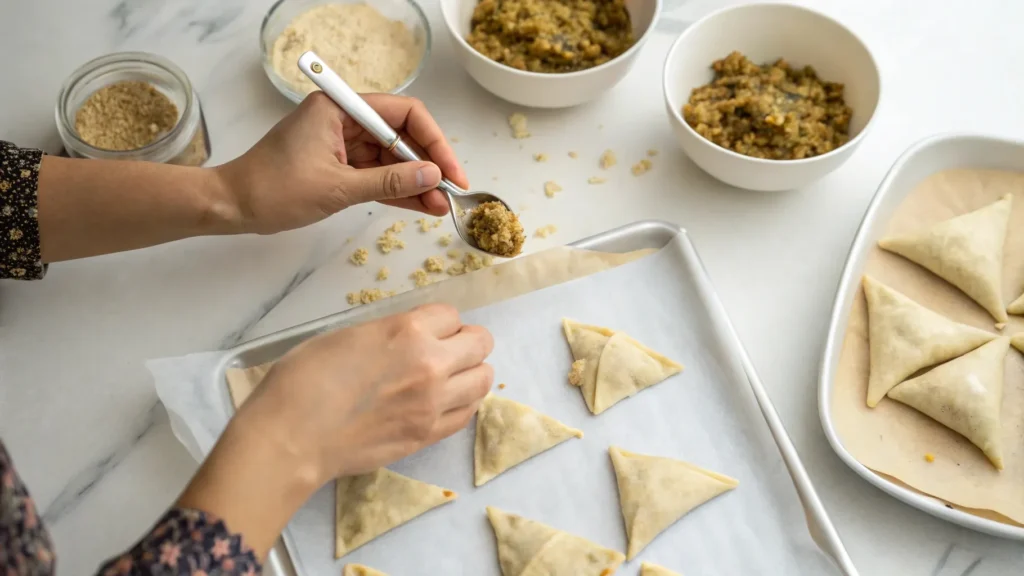 Moroccan Seafood Lovers Dinner Date Night – A Romantic 3-Course Menu 11 femel hand making samosas filling with ground almo www.moroccaneats.com