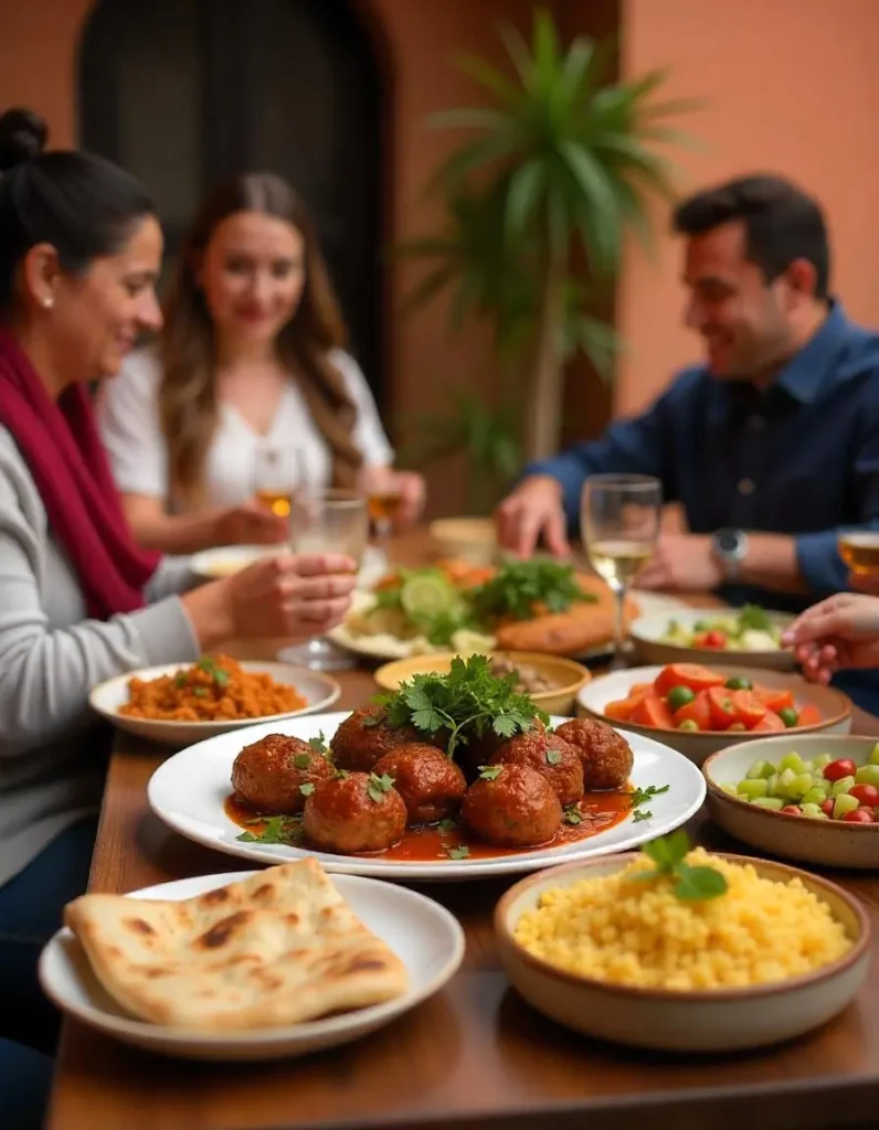 Moroccan Kefta Meatballs in Spiced Tomato Sauce: A Must-Try Dish 10 "Moroccan family enjoying Kefta meatballs around a traditional table."