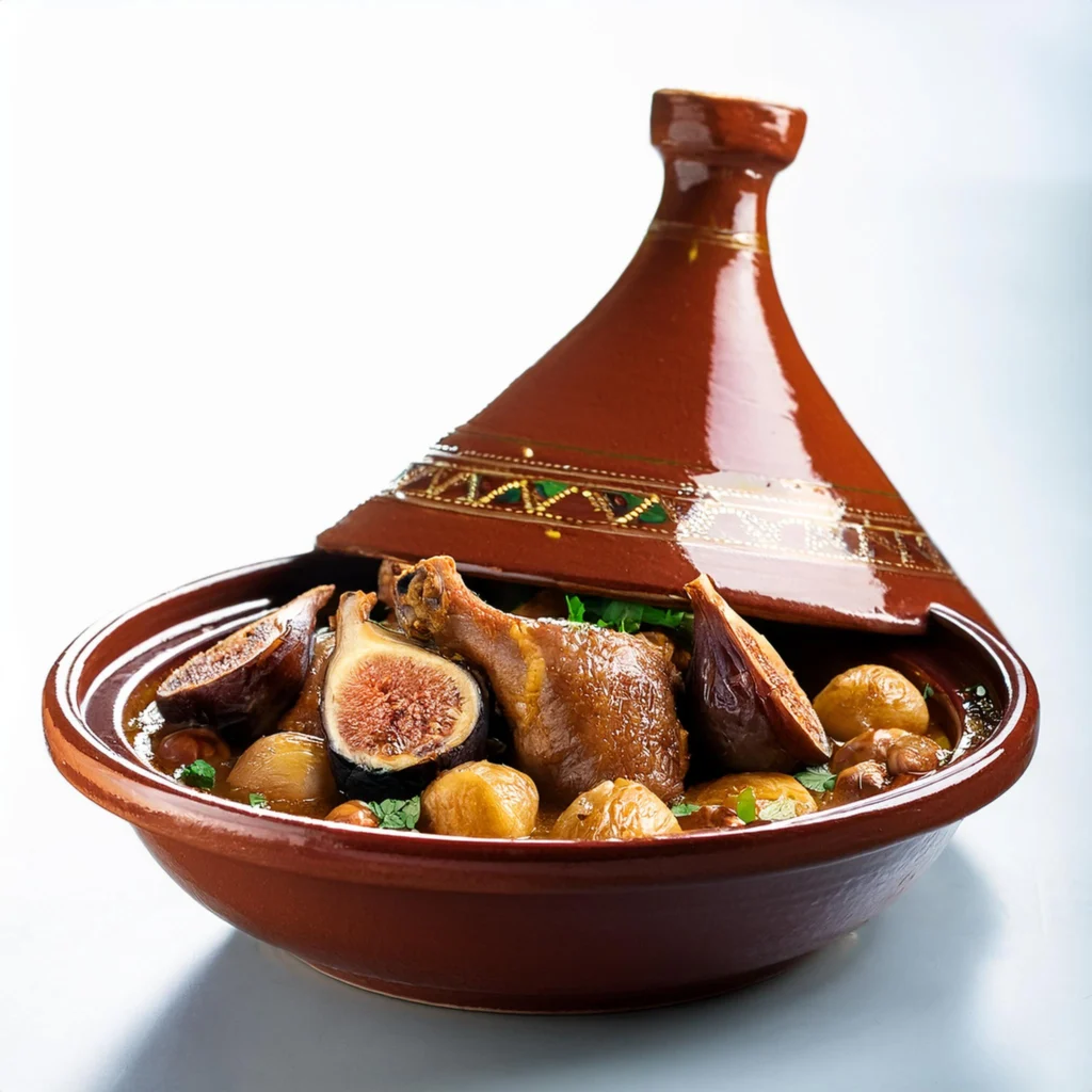 Traditional Moroccan duck tagine with figs and honey served in a clay dish.
