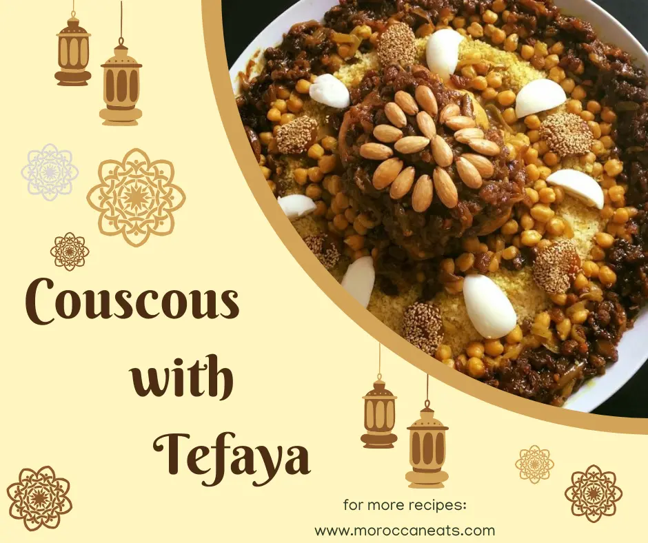 Couscous with Caramelized Onions and Raisins Recipe 2 Traditional Moroccan couscous with caramelized onions, raisins, and almonds served in a ceramic dish.