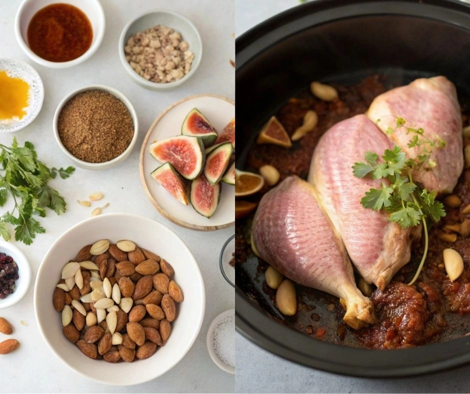 Step-by-step preparation of Moroccan duck tagine, from ingredients to the finished dish.