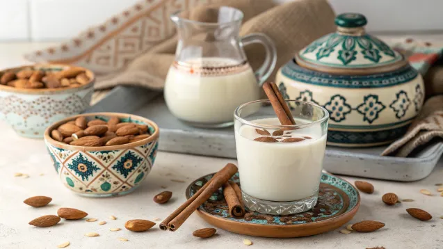 Moroccan Almonds Milk Benefits: 7 Reasons to Drink This Nutritious Elixir 2 A glass of homemade Moroccan almond milk garnished with cinnamon and almonds.