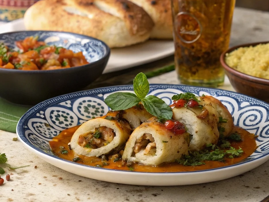 Moroccan Stuffed Calamari: A Heavenly Seafood Dish 7 Moroccan stuffed calamari served with traditional side dishes and mint tea.