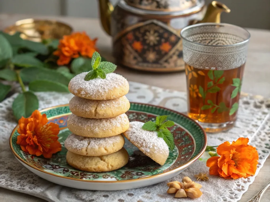 Easy Moroccan Orange Blossom Cookies Recipe: Soft, Buttery & Aromatic 2 A plate of Moroccan Orange Blossom Cookies served with a traditional glass of Moroccan mint tea.