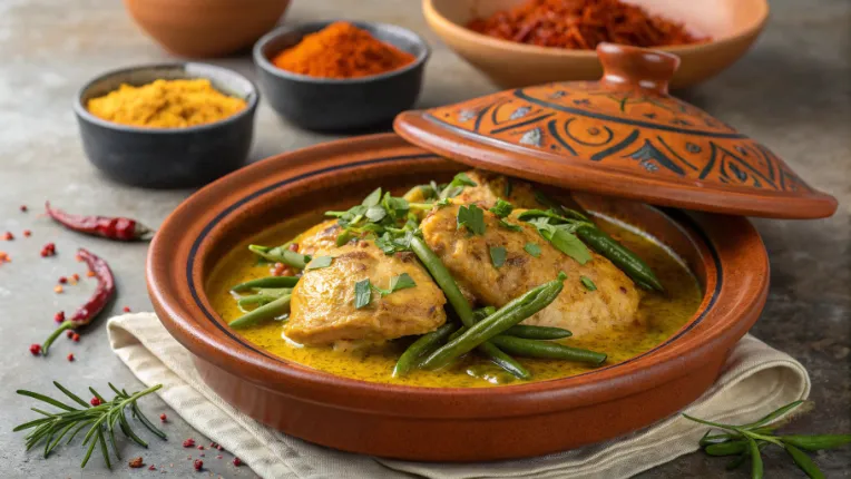 The Best Chicken Tagine with Saffron and Green Beans Recipe for a Cozy Dinner 6 Traditional Moroccan chicken with saffron and green beans, served in a ceramic dish.