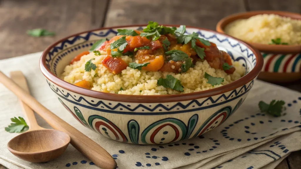Moroccan Shrimp and Couscous Bowl Recipe: 7 Easy Steps for a Flavorful Meal 9 a beautifully plated fluffy moroccan couscous top www.moroccaneats.com