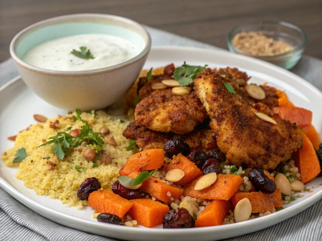 Ras el Hanout Fried Chicken: The Secret to Crispy, Flavorful Chicken 5 Ras el Hanout Fried Chicken served with Moroccan spiced carrots, couscous, and garlic yogurt sauce.