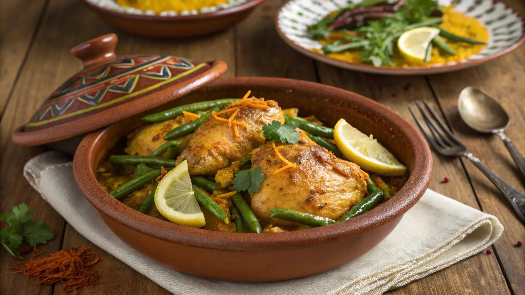 A golden saffron-infused chicken dish with green beans, served in a Moroccan earthenware bowl.