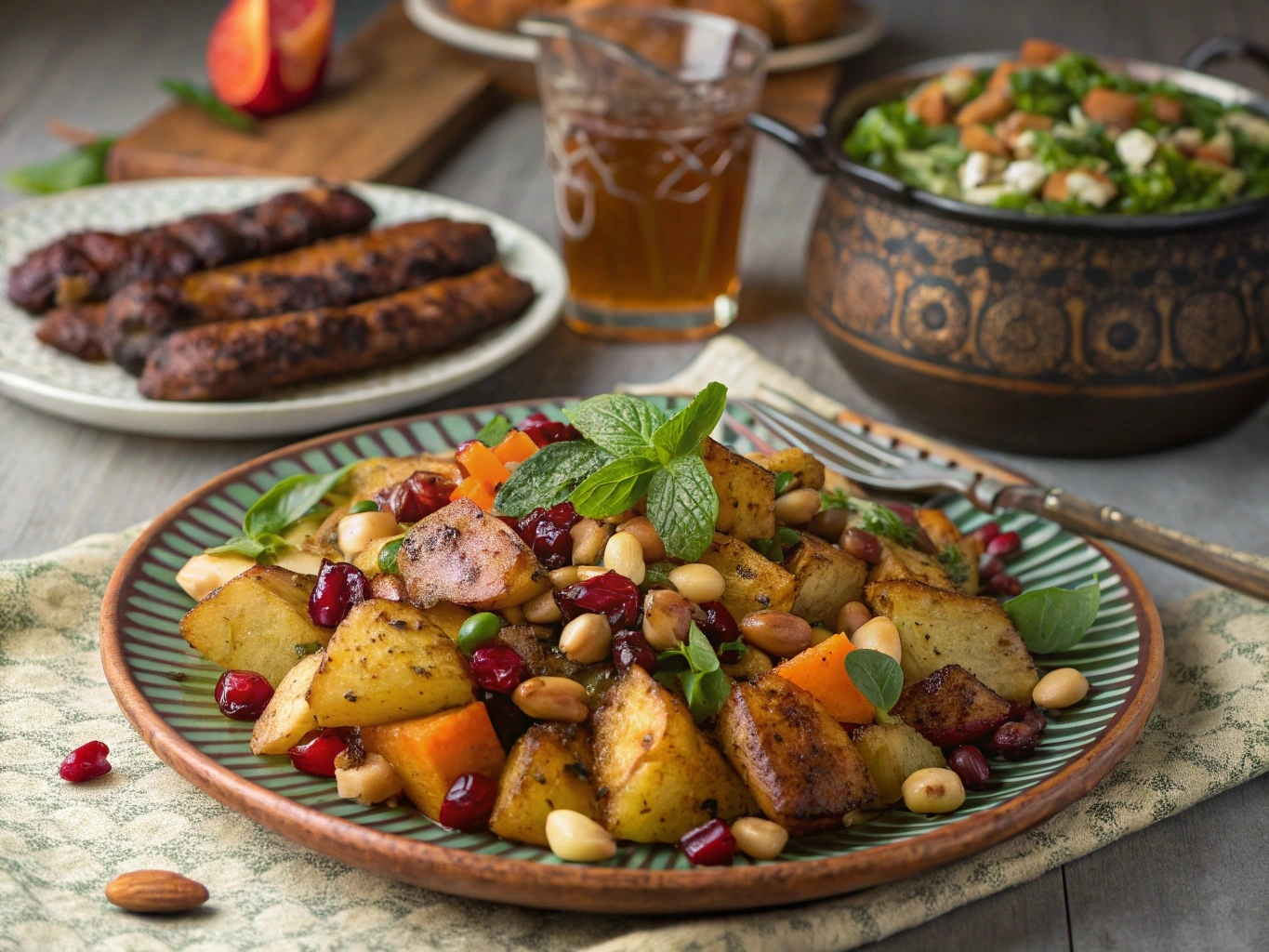 Spiced Potato Salad with Moroccan Flavors: A Zesty and Aromatic Side 4 Moroccan spiced potato salad with roasted vegetables, nuts, and dried fruits, served alongside grilled lamb skewers.