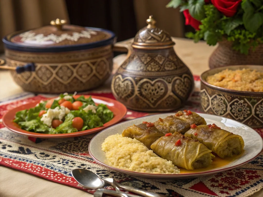 Easy Moroccan Stuffed Cabbage Rolls Recipe: A Comforting Meal for Any Occasion 6 Moroccan stuffed cabbage rolls served with couscous and salad on a traditional Moroccan table.
