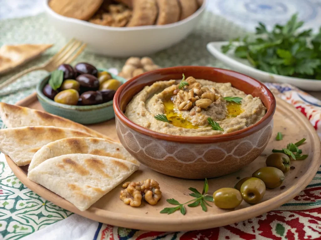 Moroccan Eggplant and Walnut Dip: A Nutty, Rich Delight! 2 A bowl of Moroccan eggplant and walnut dip garnished with olive oil and walnuts, served with pita bread and olives.