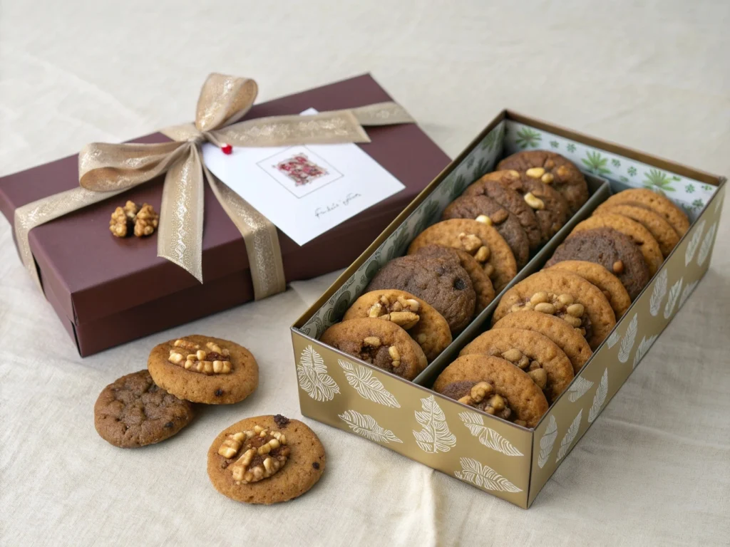 Irresistible Date and Walnut Cookies Recipe: A Classic with a Nutty Twist 5 Gift box with date and walnut cookies inside, ready for gifting, with a ribbon and card attached.