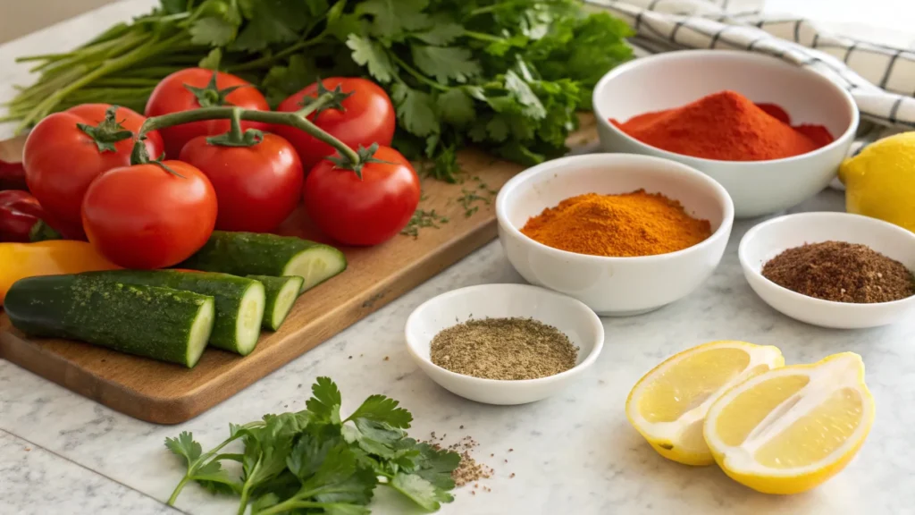 10 Moroccan Easy Salad Recipes You Can Make in Under 20 Minutes 3 Fresh vegetables, spices, and herbs for Moroccan salads.