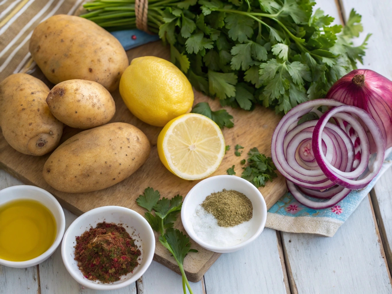 Spiced Potato Salad with Moroccan Flavors: A Zesty and Aromatic Side 3 Key ingredients for Moroccan spiced potato salad: potatoes, spices, fresh herbs, and olive oil.
