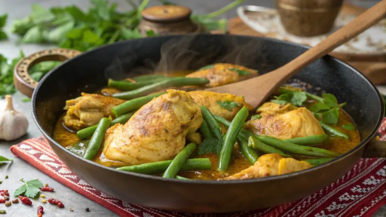 The Best Chicken Tagine with Saffron and Green Beans Recipe for a Cozy Dinner 5 A steaming skillet of saffron-infused chicken and green beans, freshly cooked.