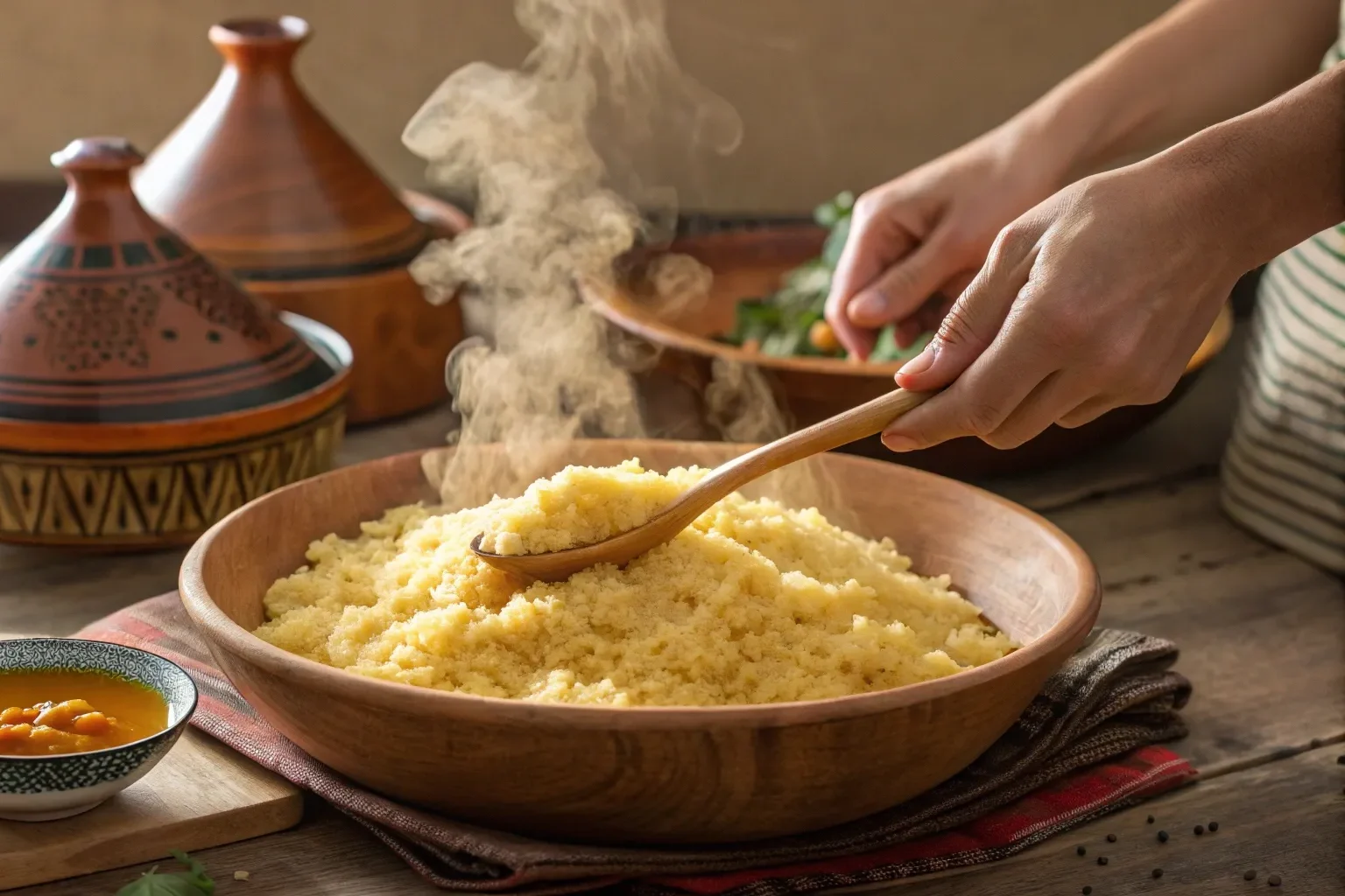 Moroccan Shrimp and Couscous Bowl Recipe: 7 Easy Steps for a Flavorful Meal 6 Hands fluffing freshly steamed Moroccan couscous in a large wooden bowl, with steam rising.