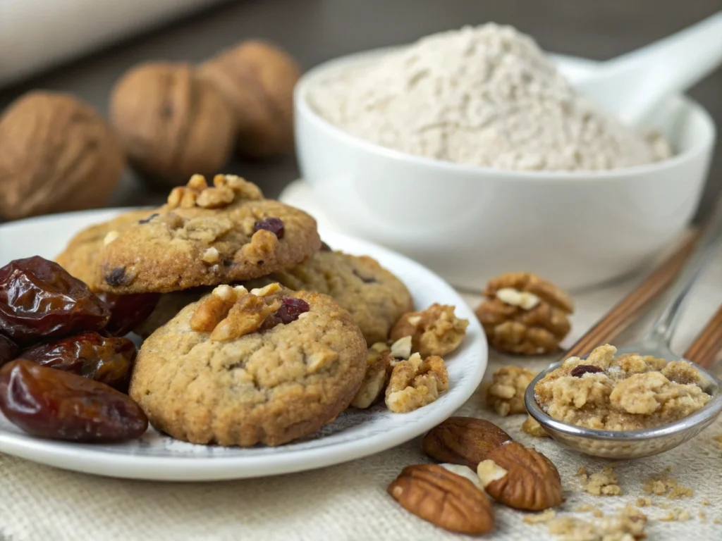 Irresistible Date and Walnut Cookies Recipe: A Classic with a Nutty Twist 7 A healthy date and walnut cookie with walnuts, dates, and whole wheat flour on the side, highlighting the wholesome ingredients.