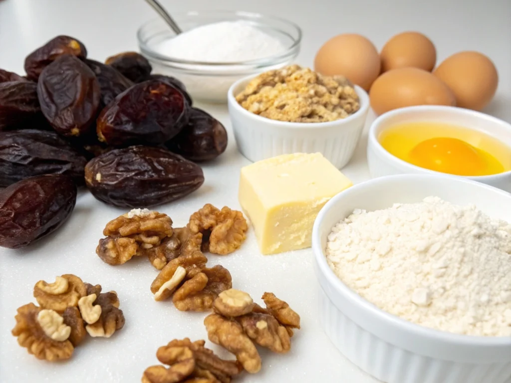 Irresistible Date and Walnut Cookies Recipe: A Classic with a Nutty Twist 3 Ingredients for making date and walnut cookies including dates, walnuts, flour, butter, and sugar.