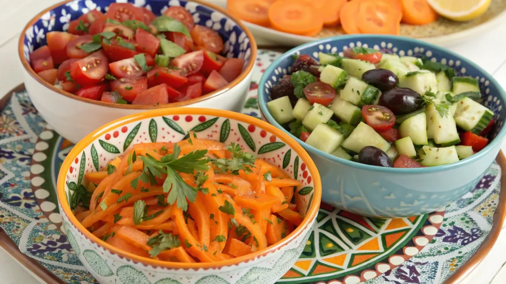 10 Moroccan Easy Salad Recipes You Can Make in Under 20 Minutes 4 a colorful spread of three moroccan salads tomato www.moroccaneats.com