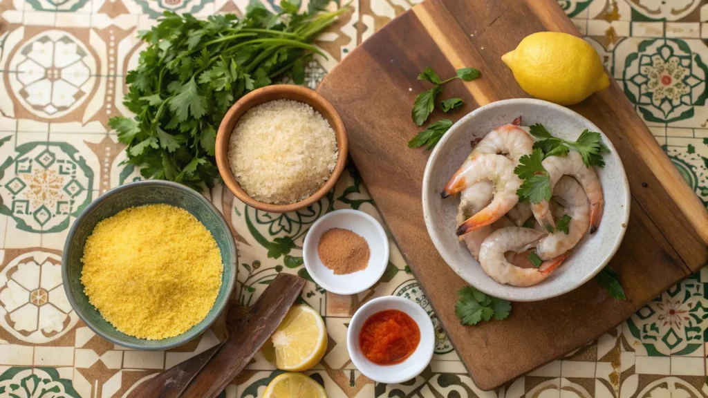 Moroccan Shrimp and Couscous Bowl Recipe: 7 Easy Steps for a Flavorful Meal 3 Fresh shrimp, couscous, and Moroccan spices arranged on a rustic wooden board.