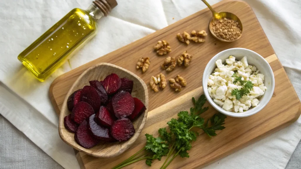 Moroccan Beetroot salad with goat feta Cheese and argan oil 5 Fresh ingredients for beetroot salad with goat feta and argan oil, including beets, feta, walnuts, and parsley.