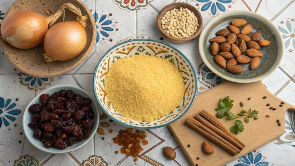 Couscous with Caramelized Onions and Raisins Recipe 3 Moroccan couscous ingredients including semolina, onions, raisins, almonds, and spices.