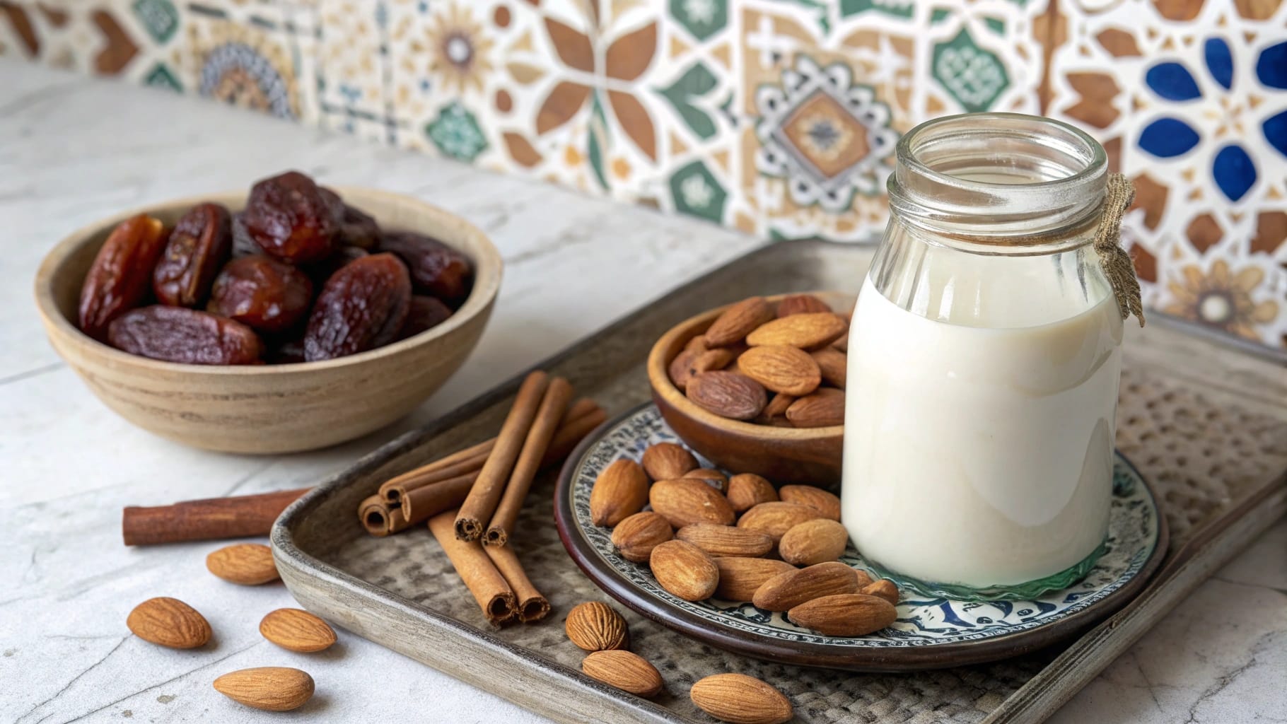 a glass jar of homemade moroccan almond milk next www.moroccaneats.com