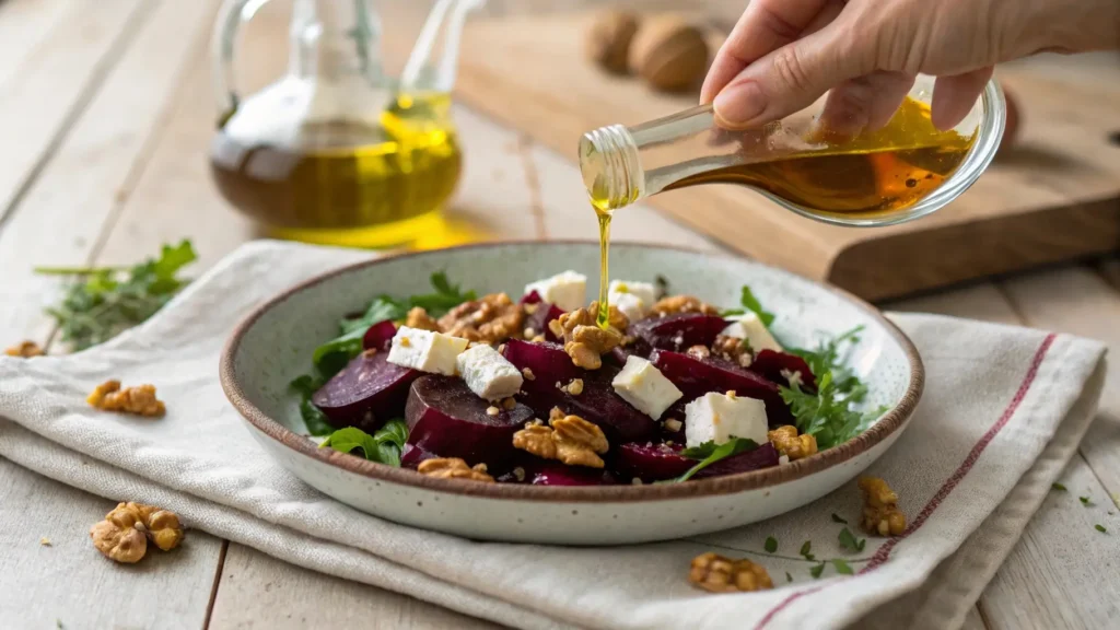 Moroccan Beetroot salad with goat feta Cheese and argan oil 6 Drizzling argan oil over a beetroot salad with goat feta and walnuts.