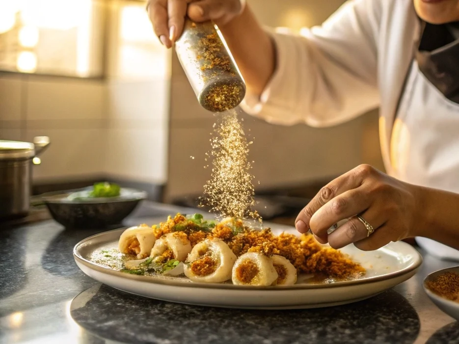 Moroccan Stuffed Calamari: A Heavenly Seafood Dish 6 A Moroccan chef seasoning stuffed calamari with traditional spices.