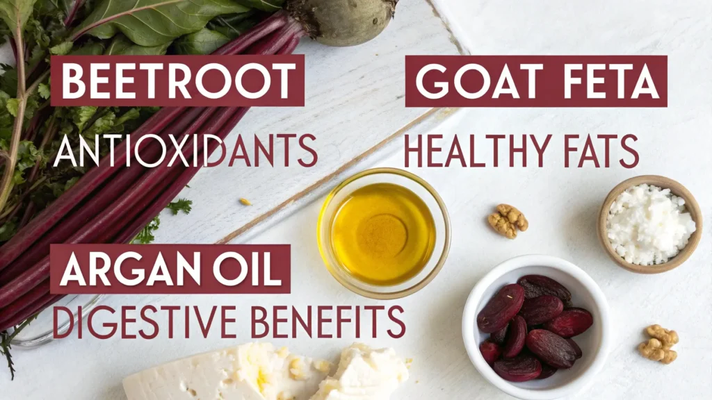 Moroccan Beetroot salad with goat feta Cheese and argan oil 9 A nutritional breakdown of beetroot, goat feta, and argan oil.