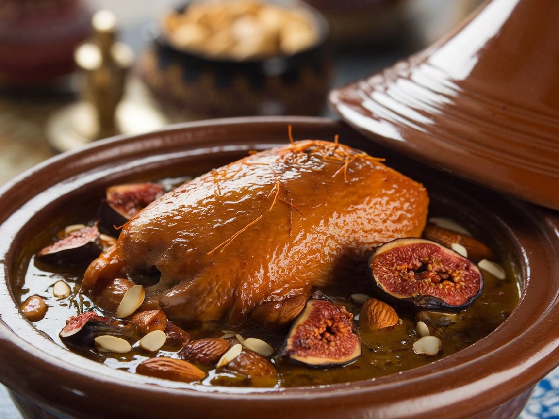 A beautifully plated Moroccan duck tagine with dried fruits, almonds, and preserved lemons.