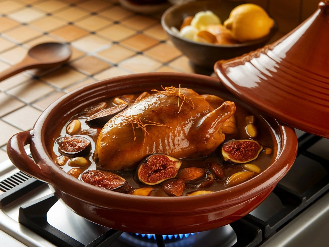A Moroccan duck tagine served in a traditional dish with almonds, figs, and herbs.