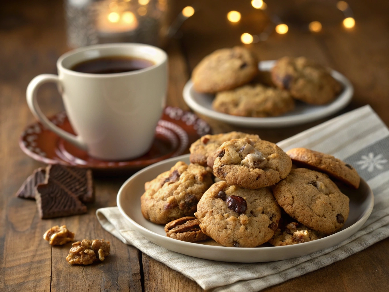 Irresistible Date and Walnut Cookies Recipe: A Classic with a Nutty Twist 8 A plate of warm, freshly baked date and walnut cookies served with a cup of tea, creating a cozy and inviting atmosphere.