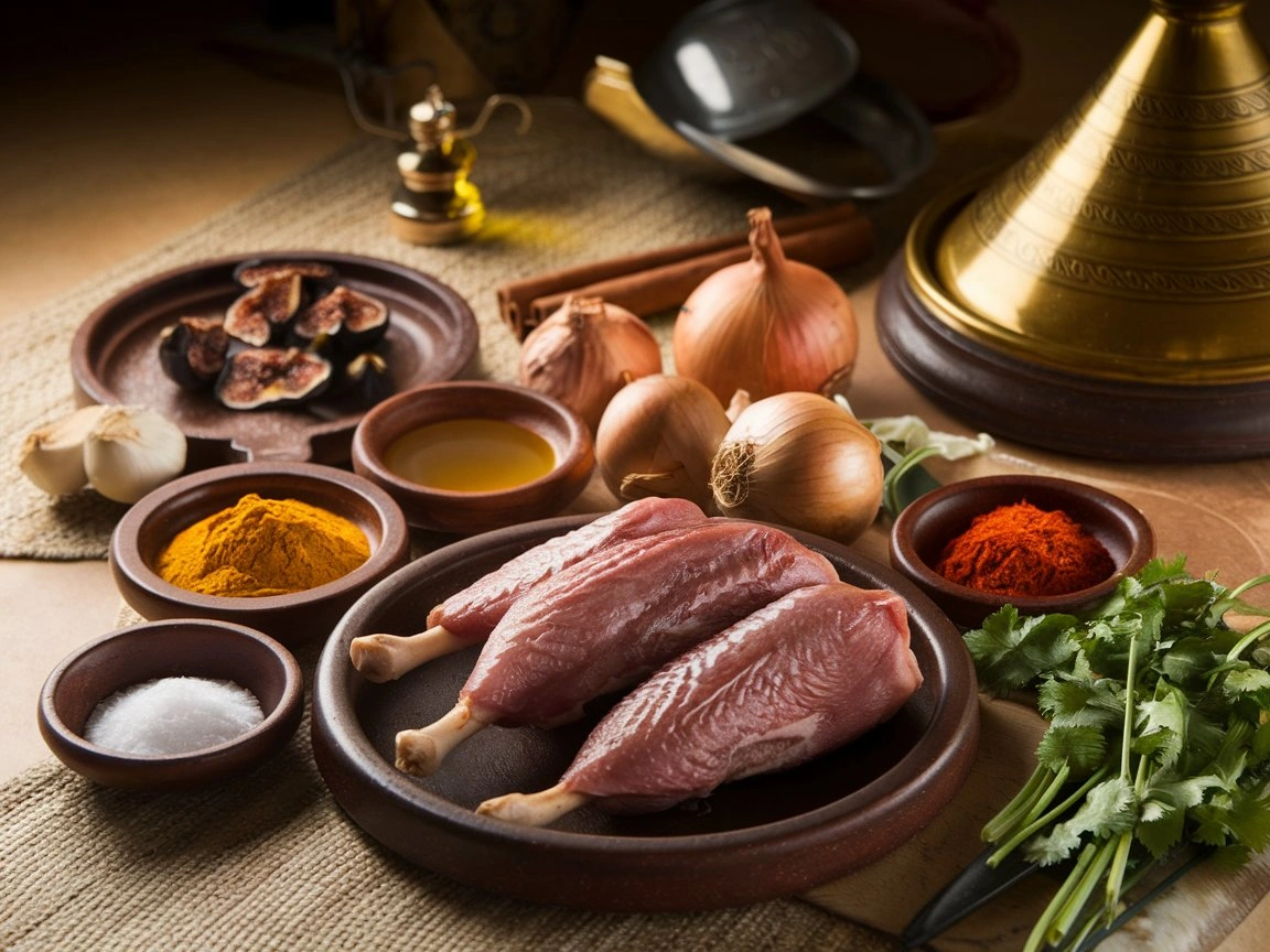 A top-down view of Moroccan duck tagine ingredients, including figs, honey, duck, and spices.
