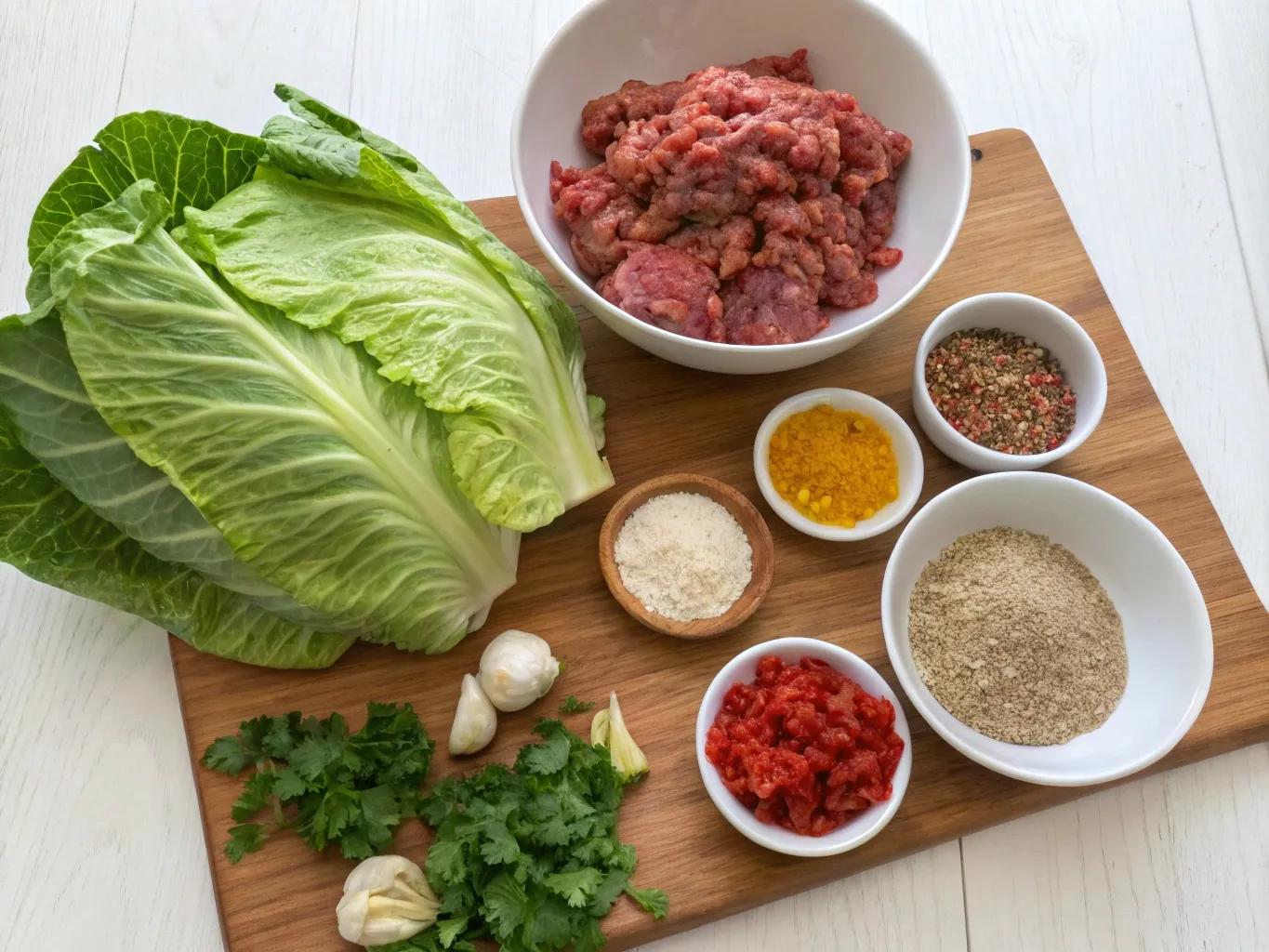 Easy Moroccan Stuffed Cabbage Rolls Recipe: A Comforting Meal for Any Occasion 3 Ingredients for Moroccan stuffed cabbage rolls, including cabbage, meat, quinoa, and spices.