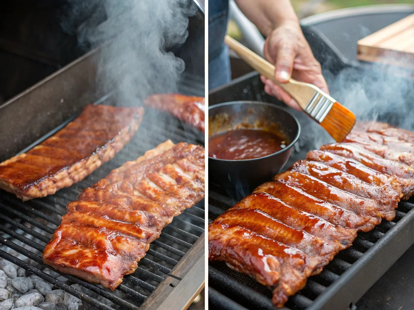 Slow-Cooked Moroccan-Style BBQ Ribs: Juicy, Tender, and Spiced Right 4 Moroccan ribs being marinated, grilled, and basted with sauce.