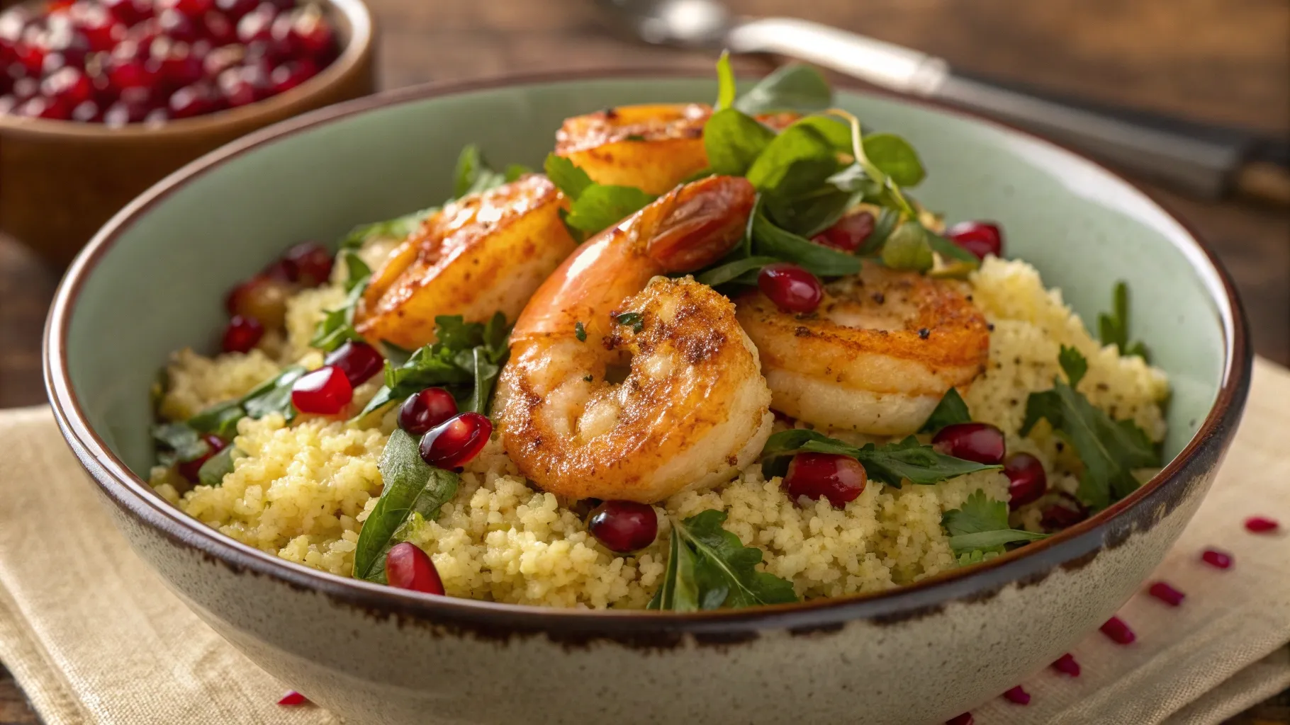 A vibrant Moroccan shrimp and couscous bowl with fresh herbs and pomegranate.