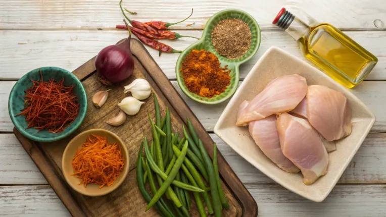 The Best Chicken Tagine with Saffron and Green Beans Recipe for a Cozy Dinner 4 Fresh ingredients for Moroccan chicken with saffron and green beans, arranged on a wooden table.