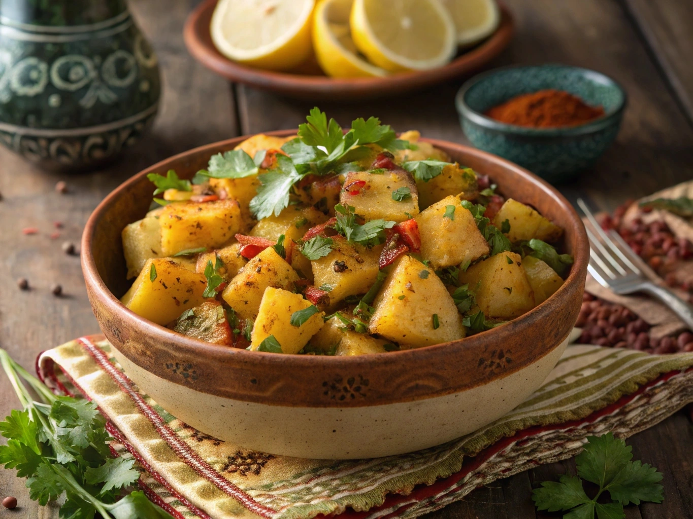 Spiced Potato Salad with Moroccan Flavors: A Zesty and Aromatic Side 2 Moroccan spiced potato salad with cumin, paprika, and fresh herbs.