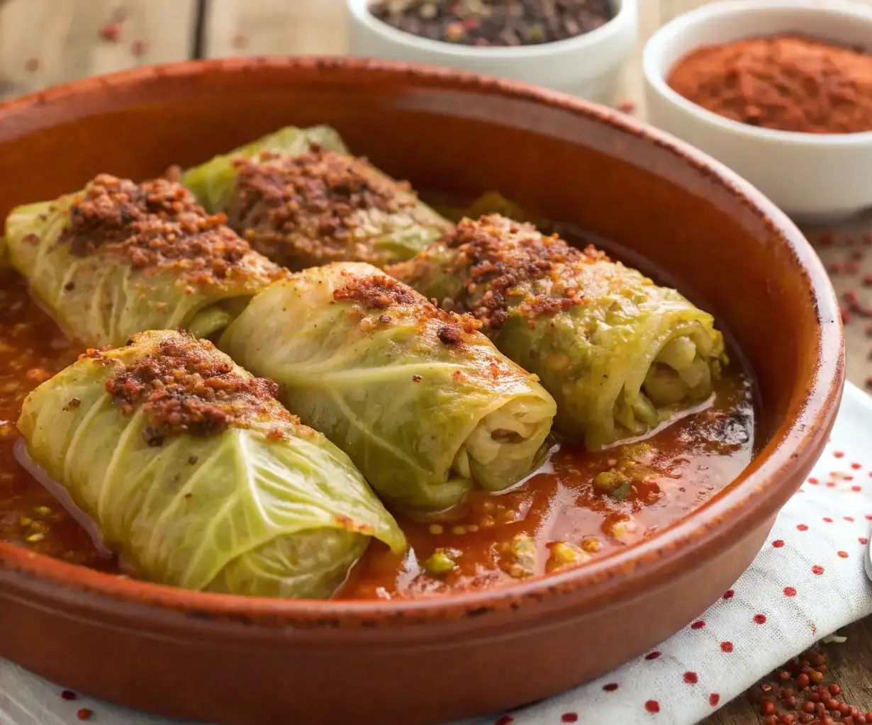 Easy Moroccan Stuffed Cabbage Rolls Recipe: A Comforting Meal for Any Occasion 2 Moroccan stuffed cabbage rolls garnished with aromatic spices, served in a traditional Moroccan dish.