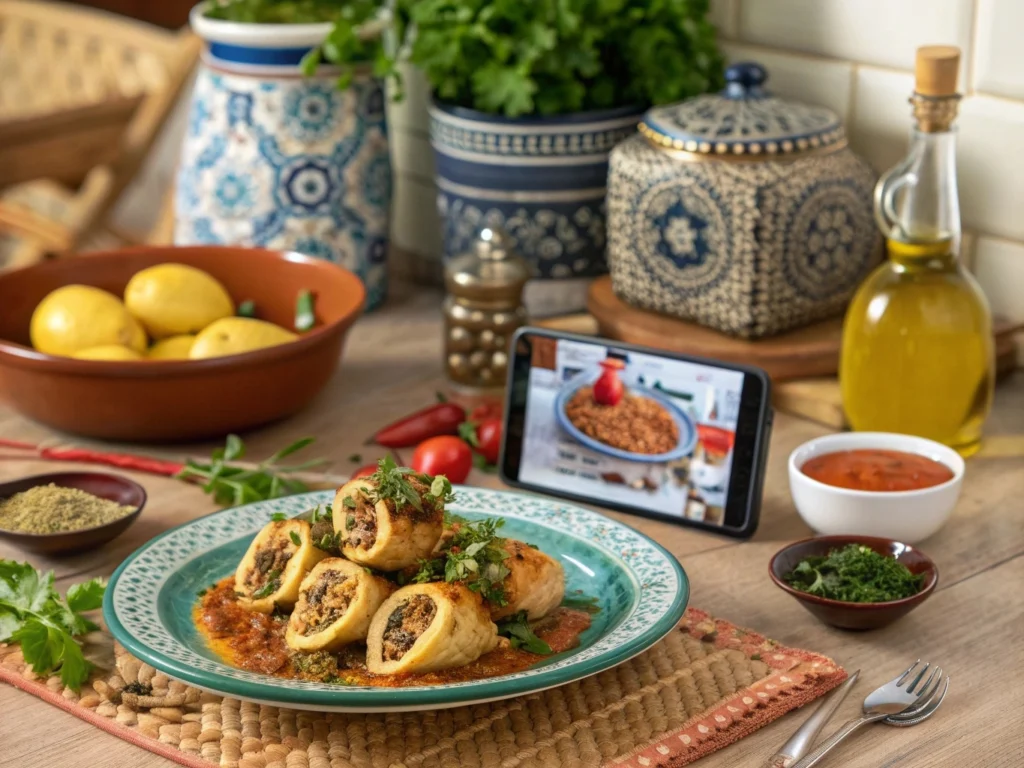 Moroccan Stuffed Calamari: A Heavenly Seafood Dish 5 Moroccan stuffed calamari dish served next to a cooking video tutorial.