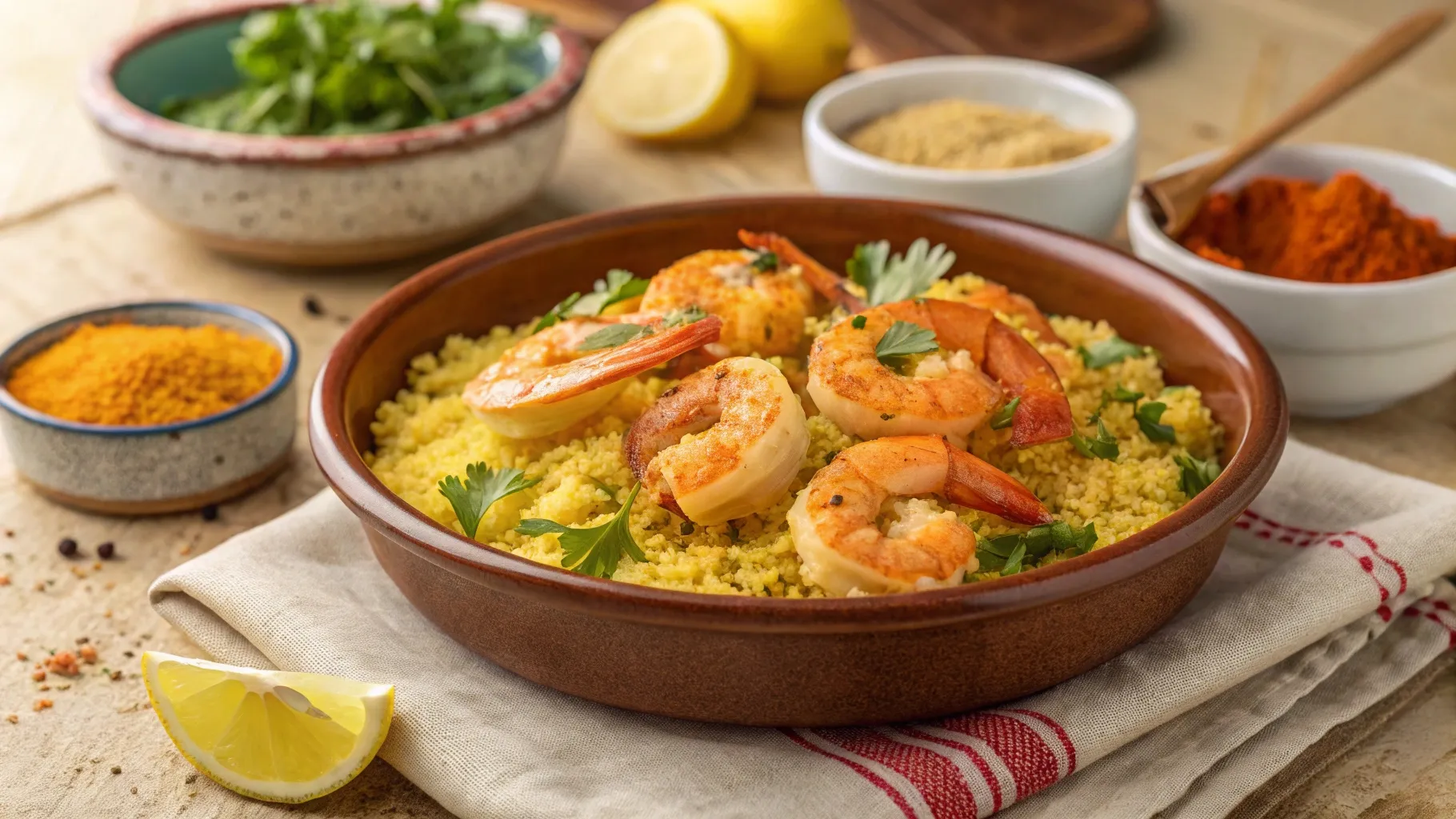 Moroccan Shrimp and Couscous Bowl Recipe: 7 Easy Steps for a Flavorful Meal 2 A Moroccan shrimp and couscous bowl garnished with fresh herbs and lemon.