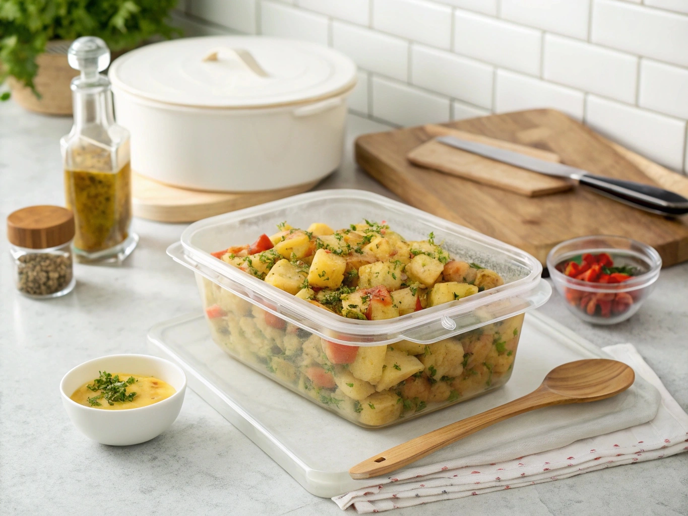 Spiced Potato Salad with Moroccan Flavors: A Zesty and Aromatic Side 5 Moroccan spiced potato salad stored in an airtight container with separate dressing on the side.