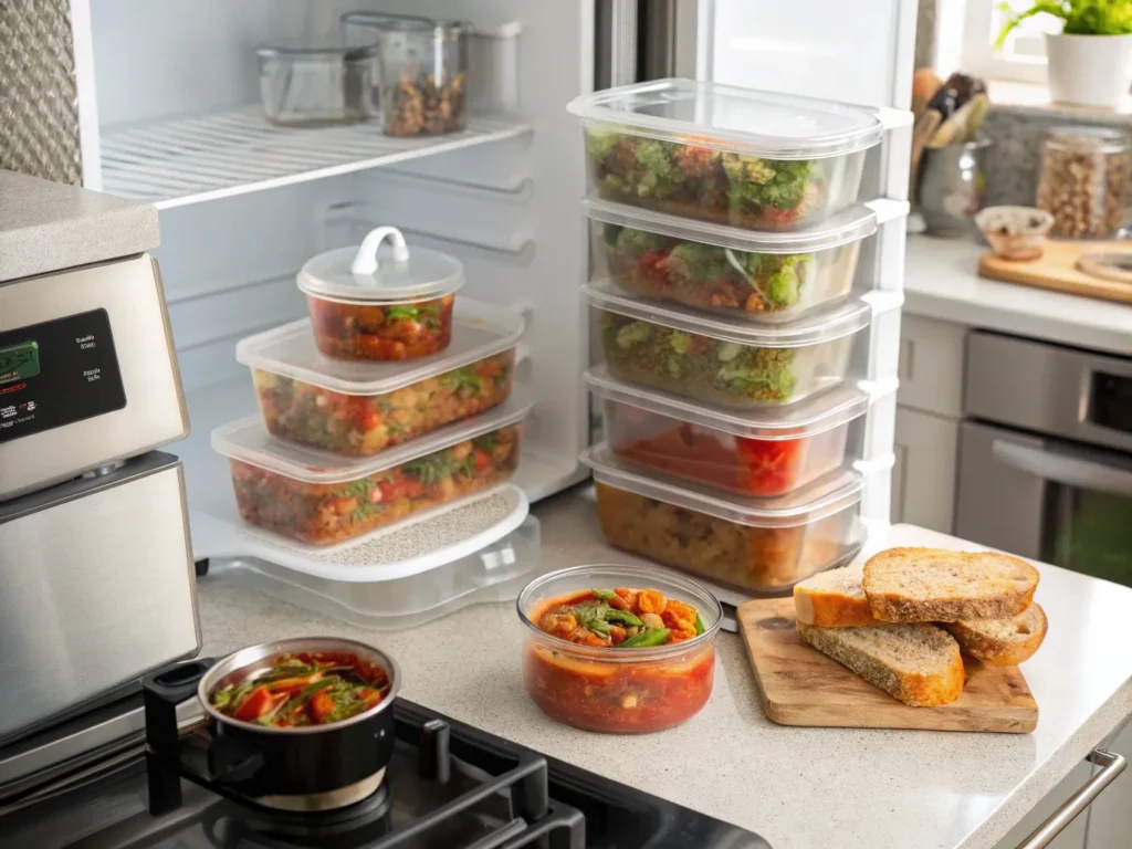 Easy Moroccan-Style Ratatouille Recipe: A Spiced Vegetable Delight 9 an organized kitchen setting with containers of mo 1 www.moroccaneats.com