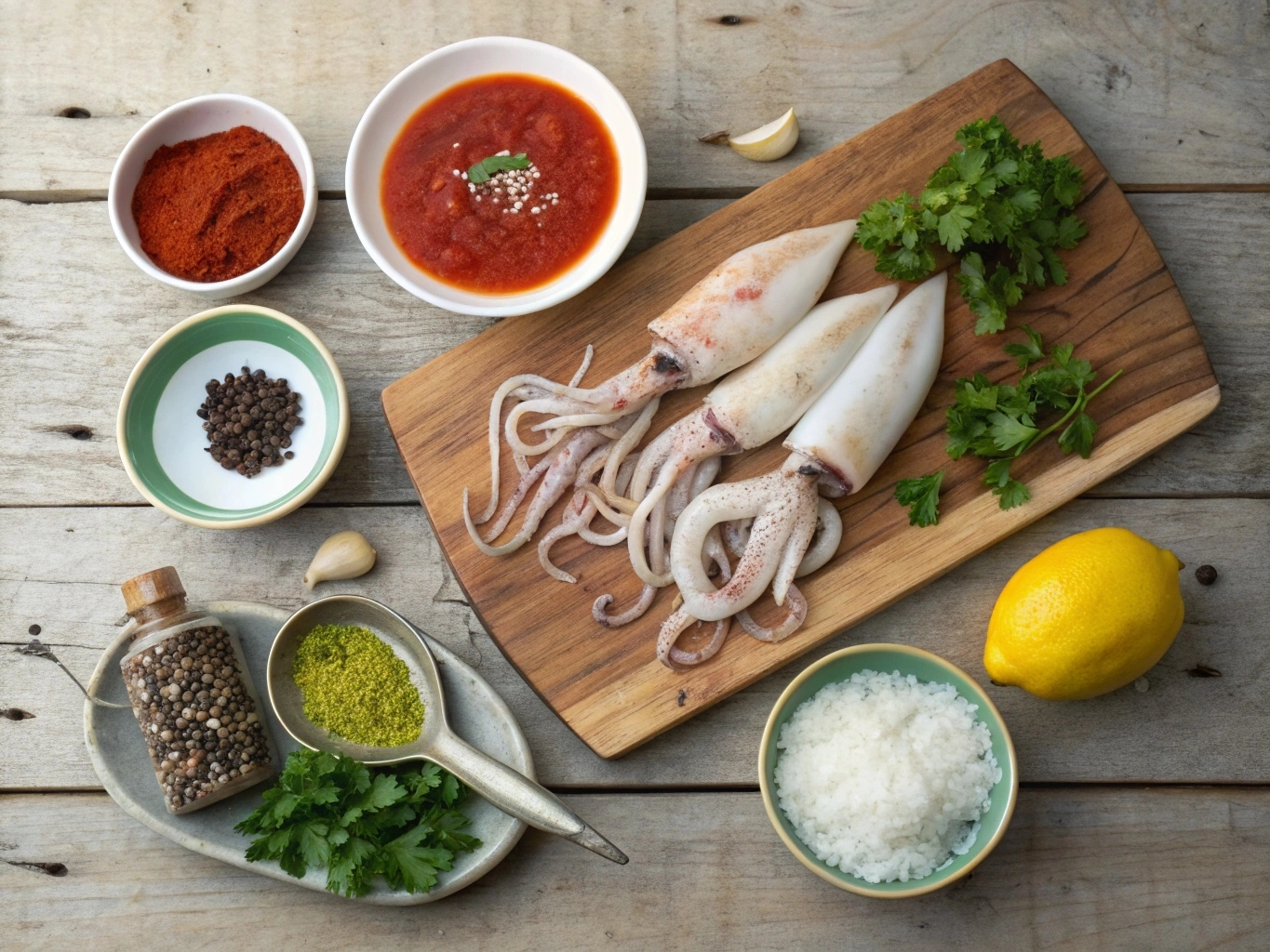 Moroccan Stuffed Calamari: A Heavenly Seafood Dish 4 A top-down view of fresh ingredients for Moroccan Stuffed Calamari, including squid tubes, spices, herbs, preserved lemon, harissa, olive oil, and breadcrumbs, arranged on a rustic wooden surface.
